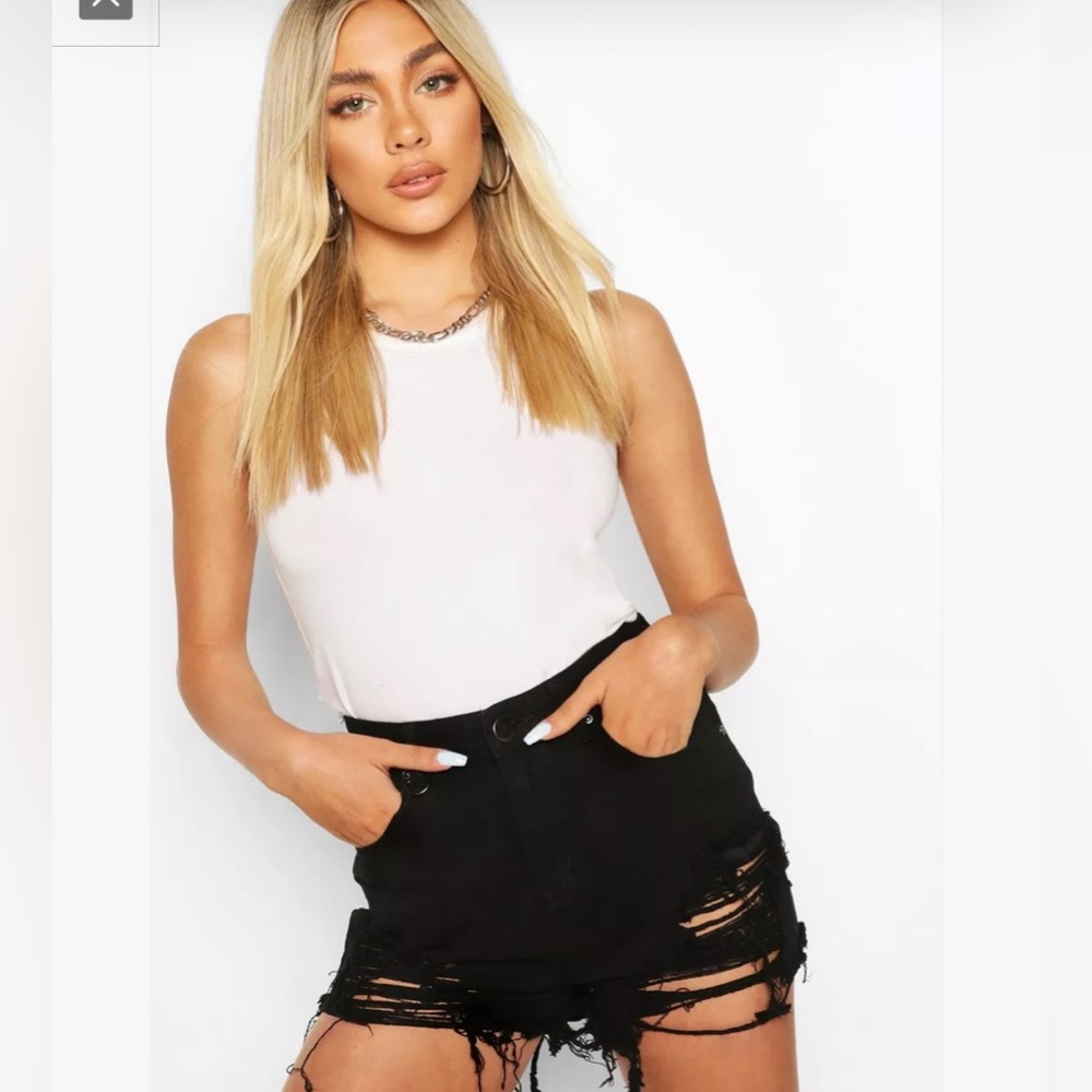Boohoo Plus Black High Waist Distressed Shorts